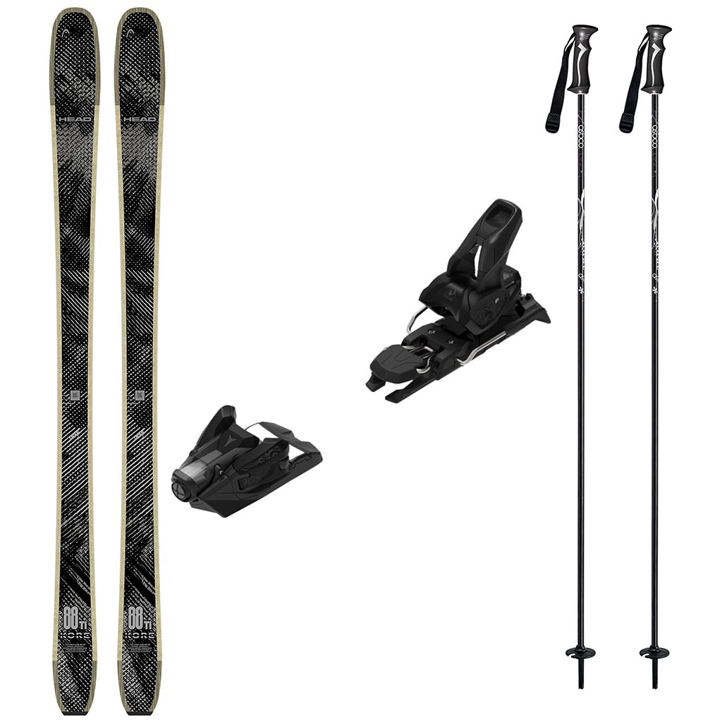 KORE88Tiw_Strive12-A ski equipment set on a plain white background, including a pair of black and gray patterned skis, two black ski bindings, and two black ski poles with white graphics.