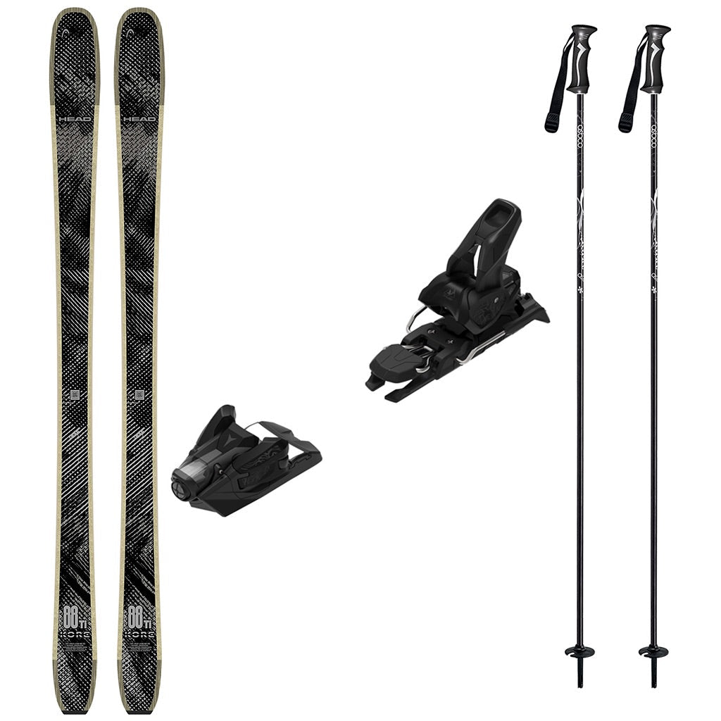 KORE88Tiw_Strive12-A ski equipment set on a plain white background, including a pair of black and gray patterned skis, two black ski bindings, and two black ski poles with white graphics.