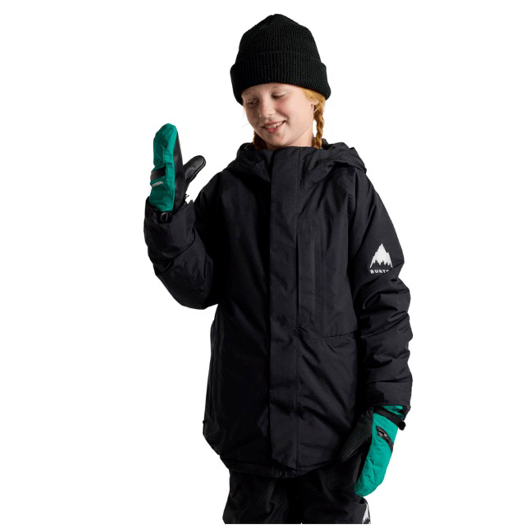 KPowlineGORE-TEX2LJacket-Person wearing a black snow jacket with a brand logo, black beanie, and green gloves on a white background