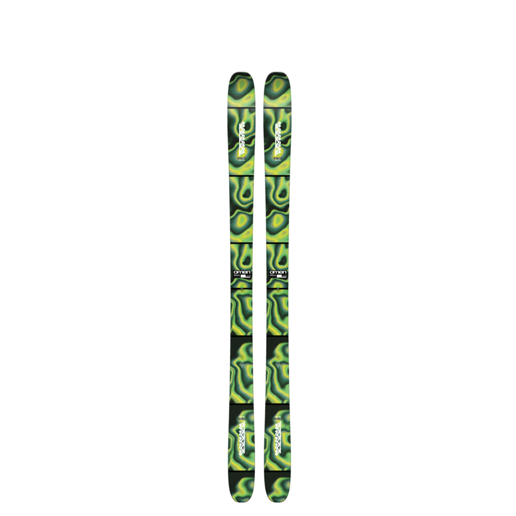 Omen85- A pair of K2 Omen 85 men's skis for the year 2026, featuring a green and black camouflage pattern.