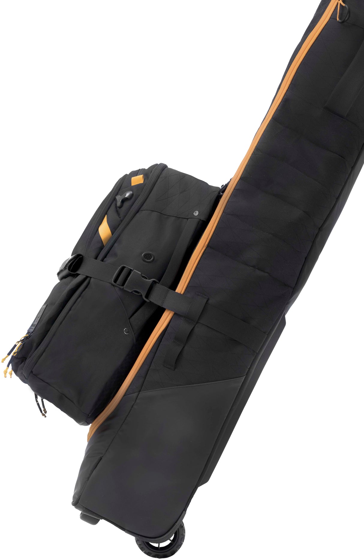 KantajaDoubleRollerSkiBag- Black and gold bag on a white background