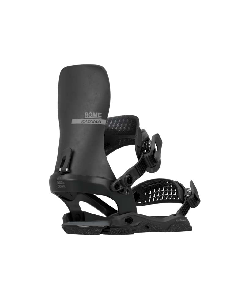 KatanaAW-Black snowboard binding with 'Rome' branding on a white background