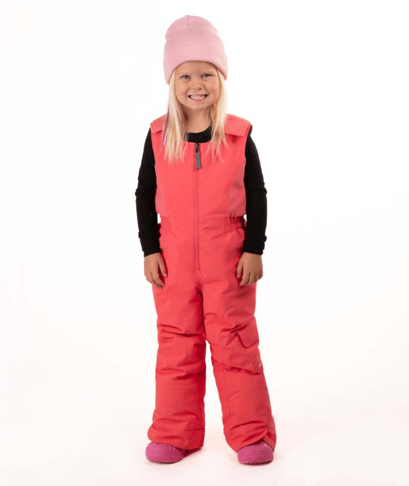 KidsHaileyBib- Child wearing pink snow bibs on a white background
