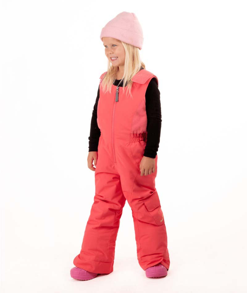 KidsHaileyBib- Child wearing pink snow bibs on a white background