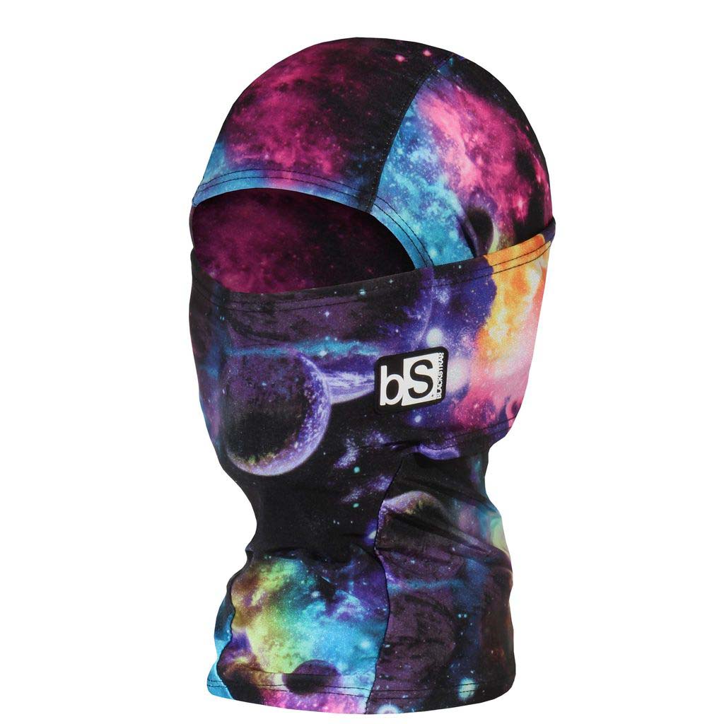 KidsHood-Colorful galaxy-themed balaclava with a brand logo on a white background