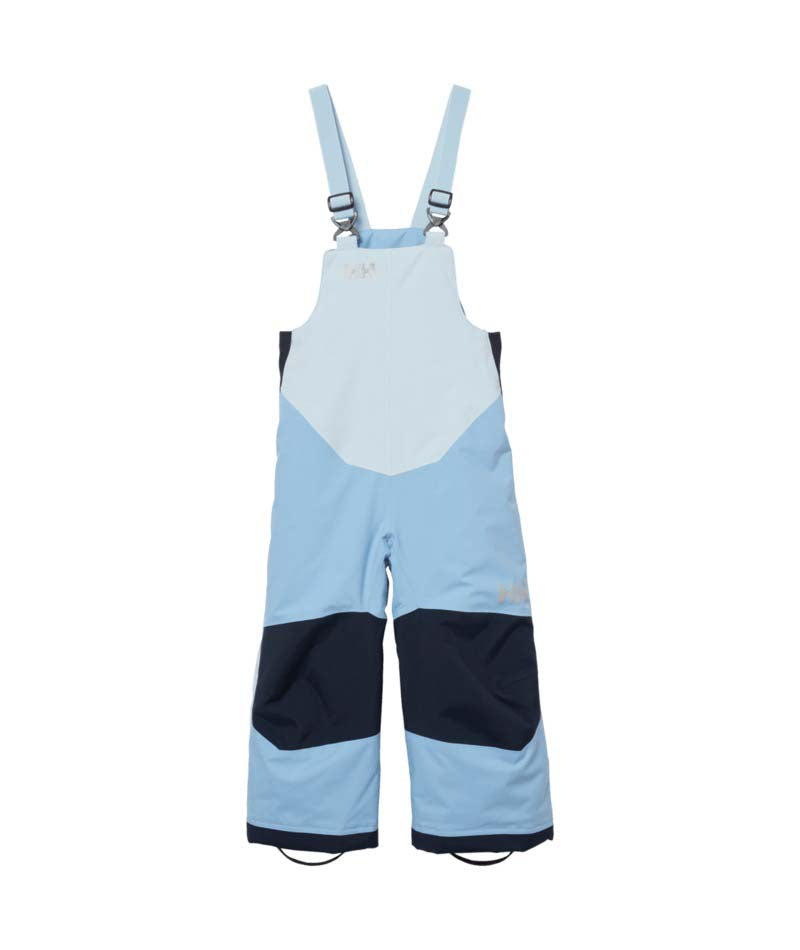 KidsRider2InsulatedBib- Colorblock snow bib overalls in light blue, white, and navy, featuring adjustable shoulder straps and a bib front, shown against a plain white background.