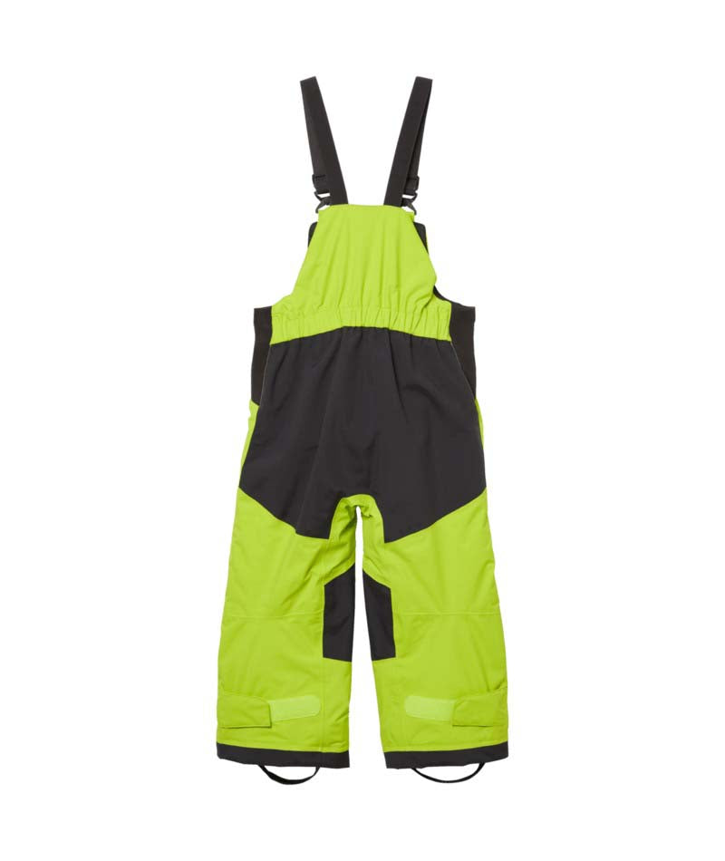 KidsRider2InsulatedBib- Bright lime green snow bib with black suspenders, black knee panels, and small white logo details, shown flat on a white background.