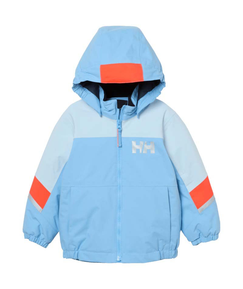 KidsRiderJacket-Light blue children's jacket with orange accents on a white background