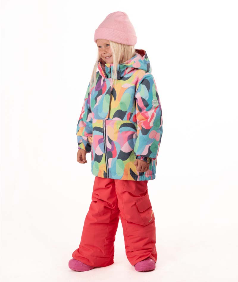KidsRiverJacket- Child wearing a multicolored jacket on a white background