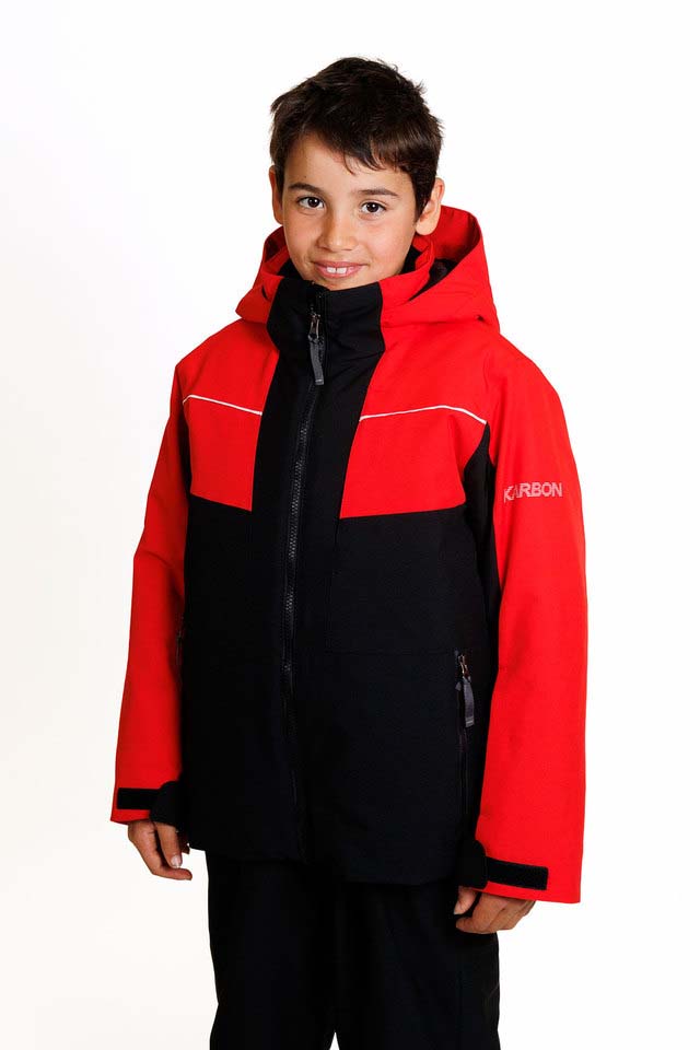 KrakenBoysInsulatedJacket-A young boy wearing a red and black hooded ski jacket with white piping details and a white 'KARBON' logo on the right sleeve, photographed against a clean white background.