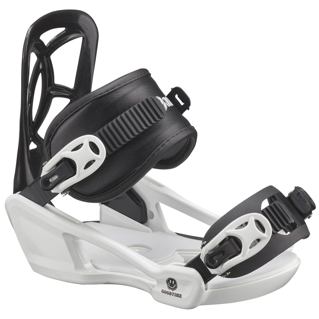 Goodtime-A Salomon Goodtime snowboard binding for kids, featuring a white baseplate with black details and branding, designed for lightweight and easy use.