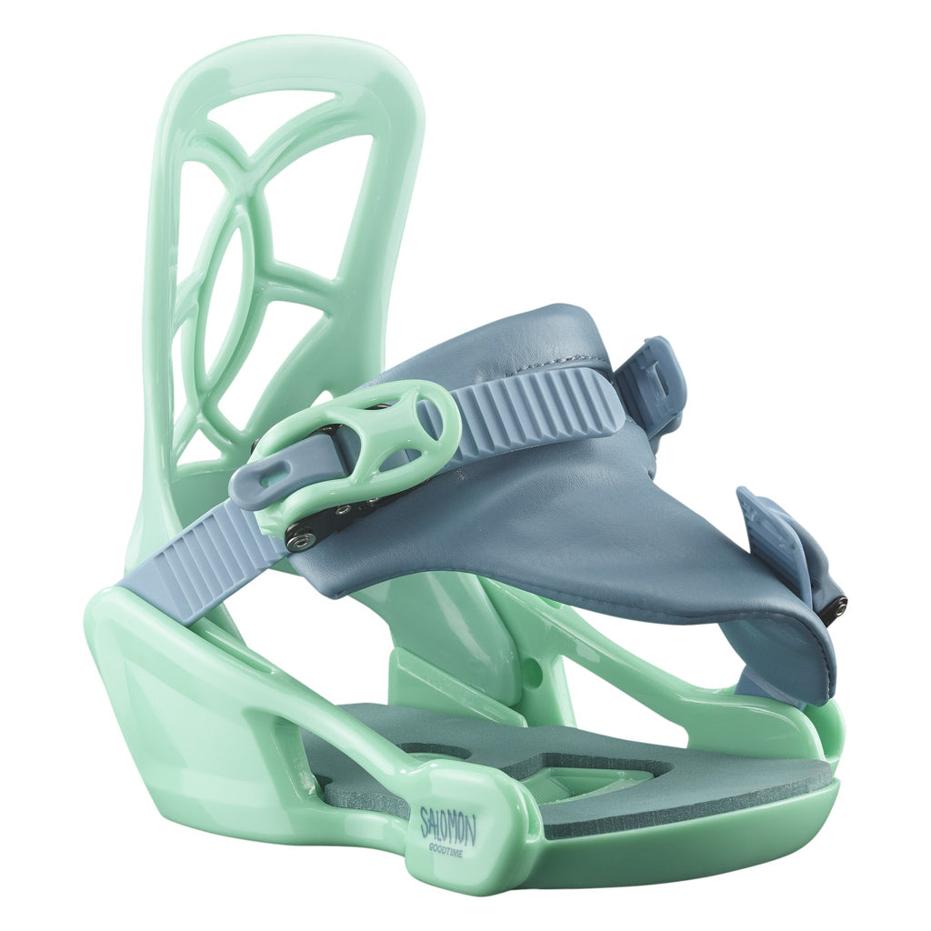 Goodtime- A Salomon Goodtime snowboard binding for kids, featuring a white baseplate with black details and branding, designed for lightweight and easy use.