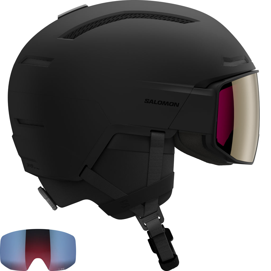 Driver Prime Sigma Plus MIPS Helmet- A black Salomon ski helmet with a visor, featuring a second lens in blue and red colors.