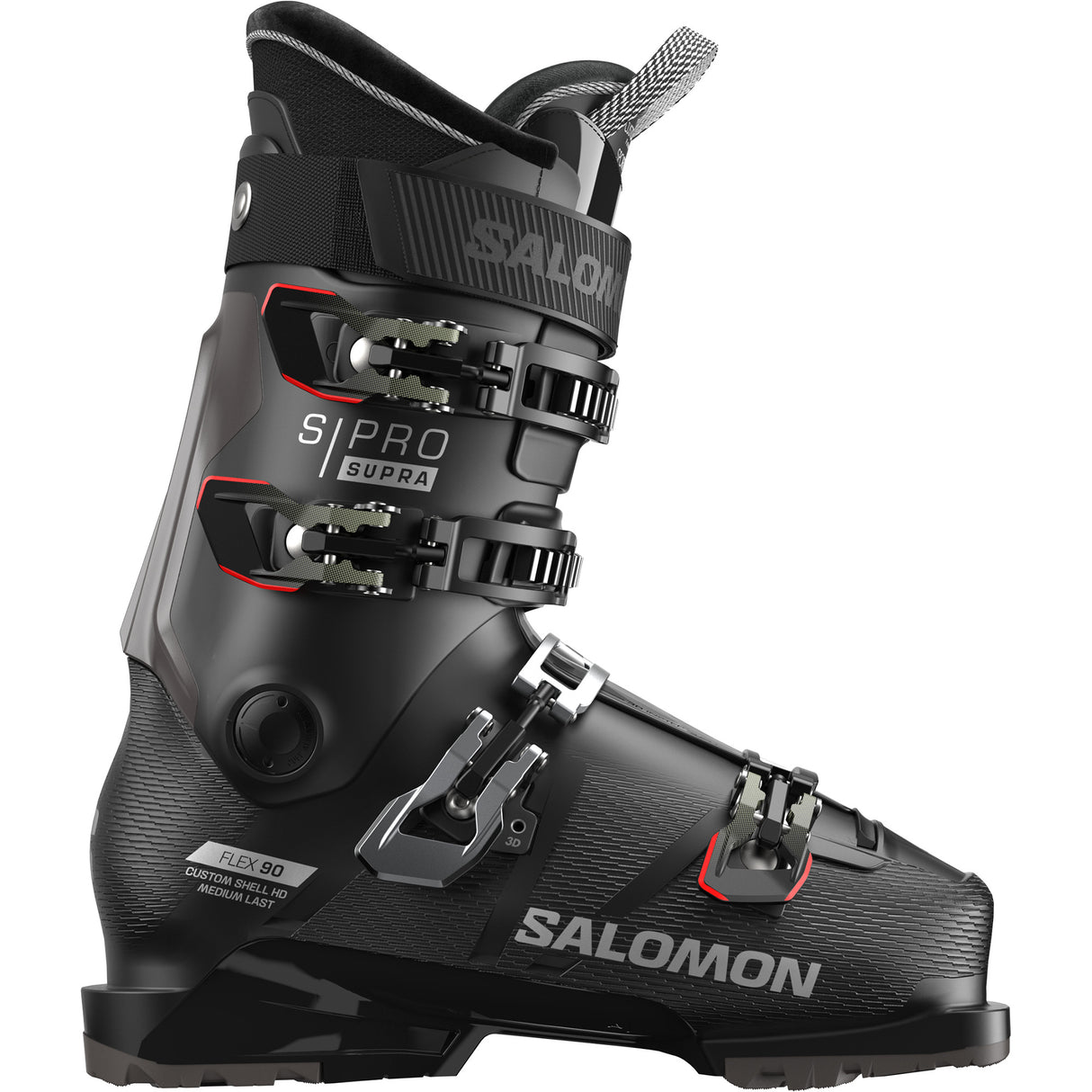S/Pro Supra 90- Black ski boot with visible branding on a white background