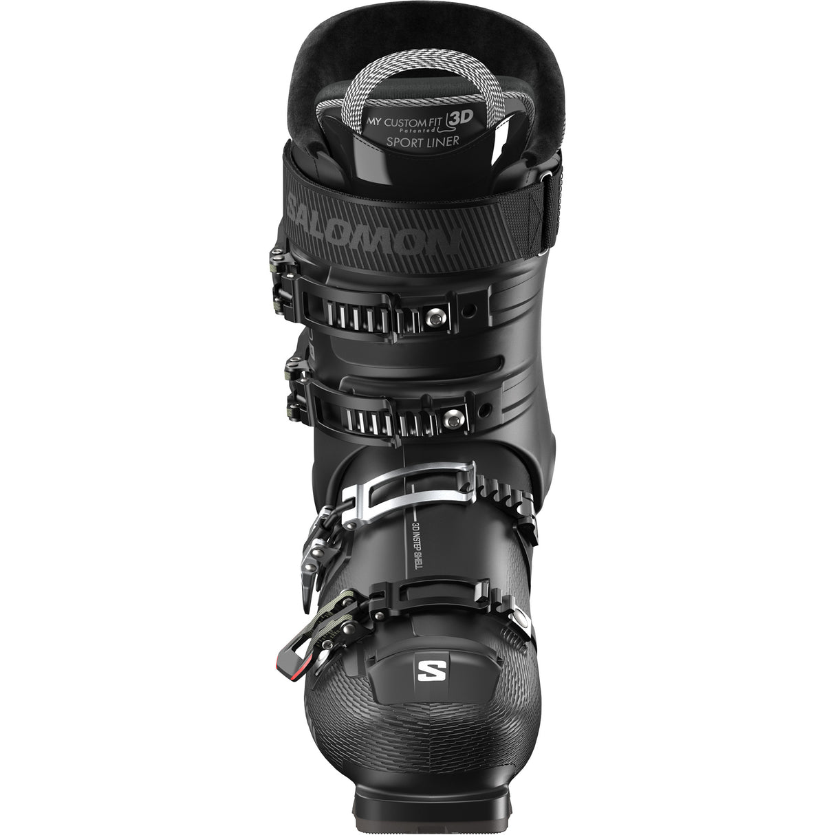 S/Pro Supra 90- Black ski boot with visible branding on a white background
