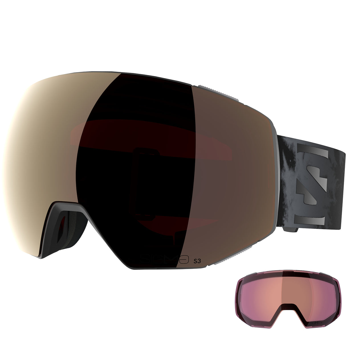 RadiumPrimeSigma-Ski goggles with a black and gold + pink lens, and black strap on a white background.