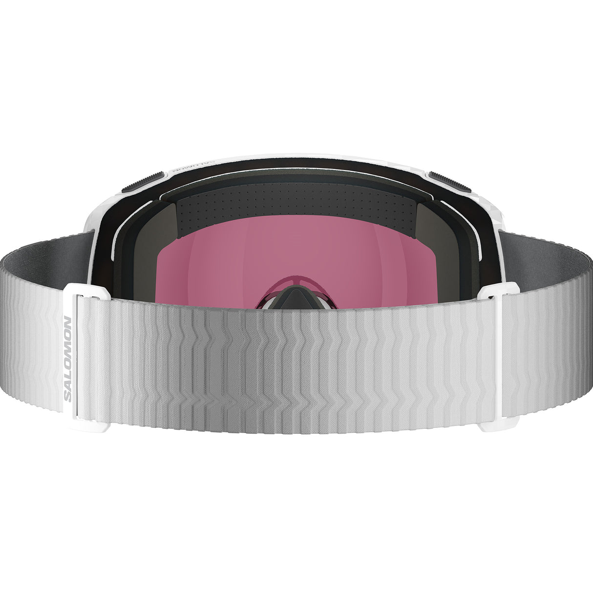 RadiumPrimeSigma-Ski goggles with purple lens and pinkish-red side lenses with a white strap on a white background