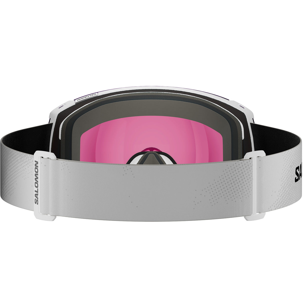 Radium Sigma- Ski goggles with white frame and band and purple lens with a Salomon logo on a white background