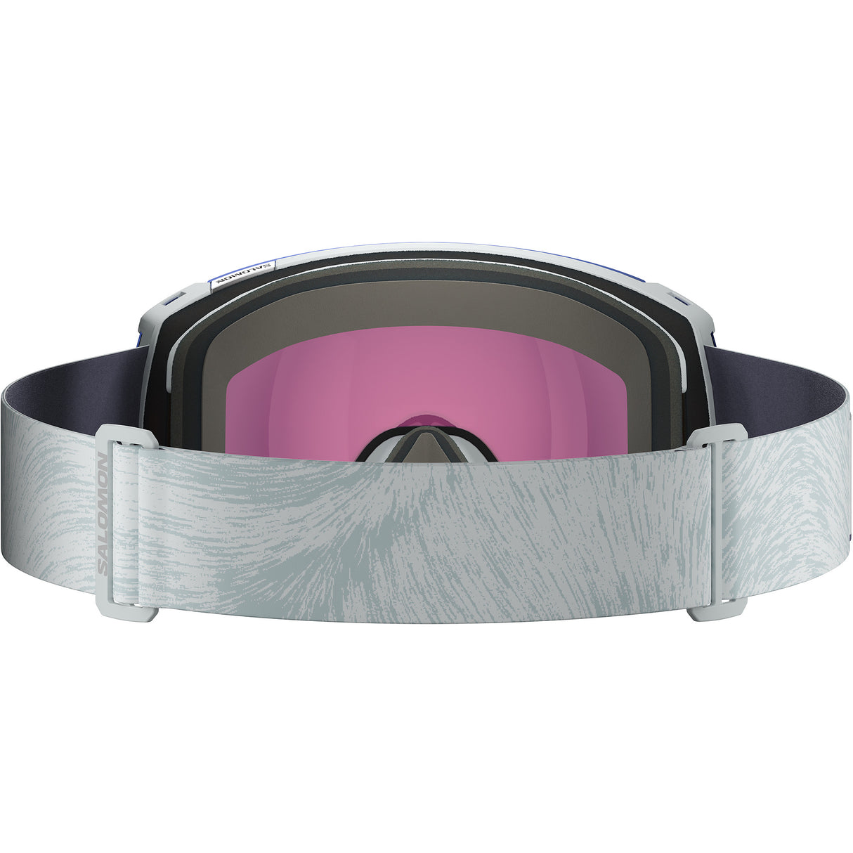 Radium Sigma- Ski goggles with white frame and band and transparent blue lens with a Salomon logo on a white background