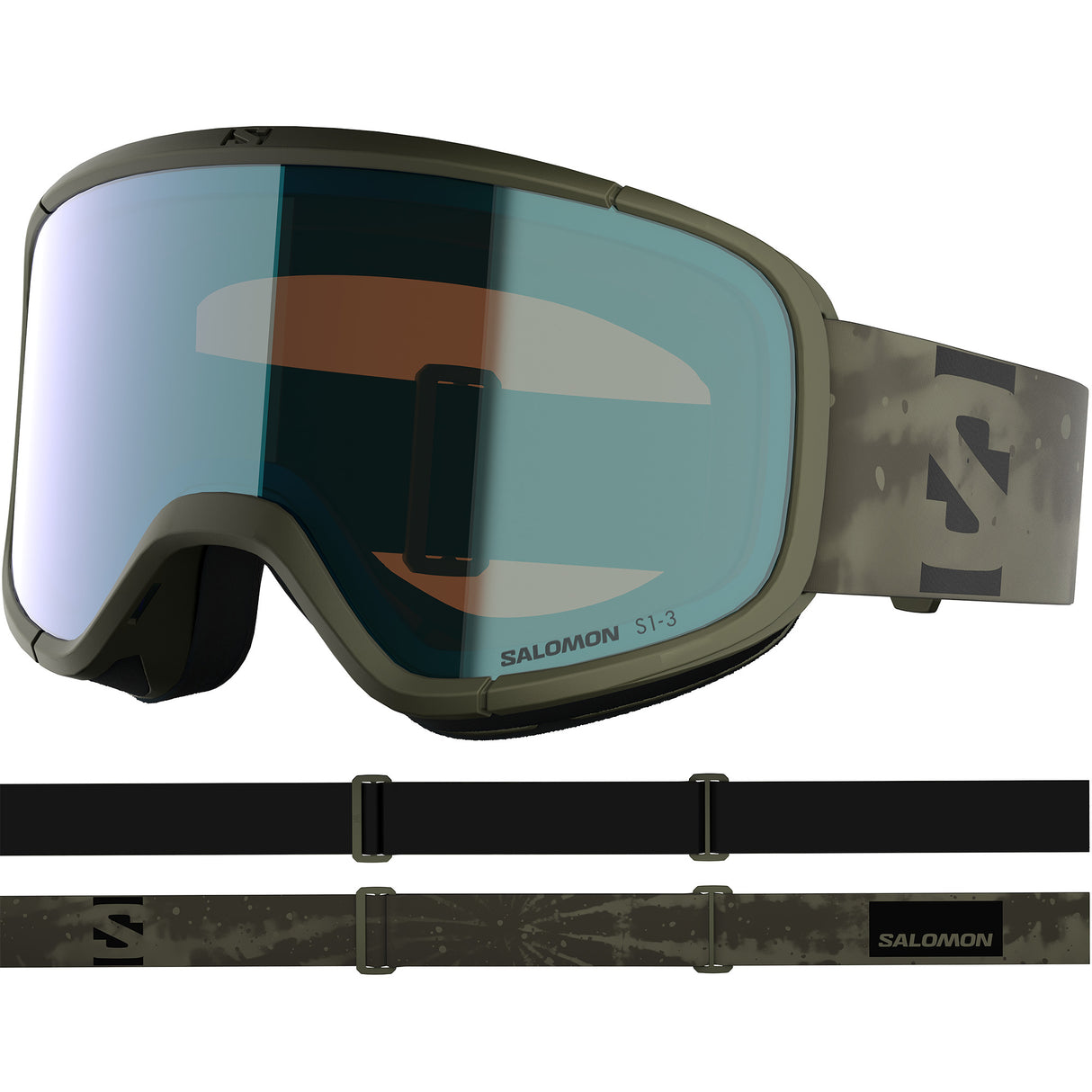 Aksium 2.0 Photo- Salomon ski goggles with green frame and blue lenses on a white background