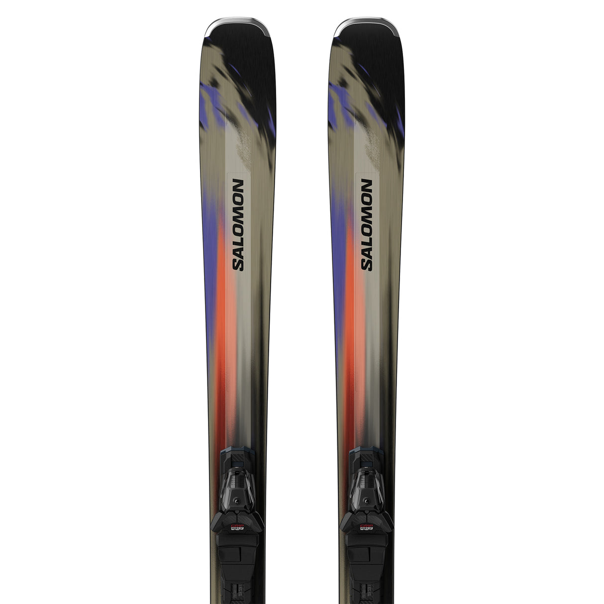 Stance 80- A pair of Salomon Stance 80 adult skis with M11 GW system bindings, featuring a black base color with blue, green, and orange details, and texturized surface.