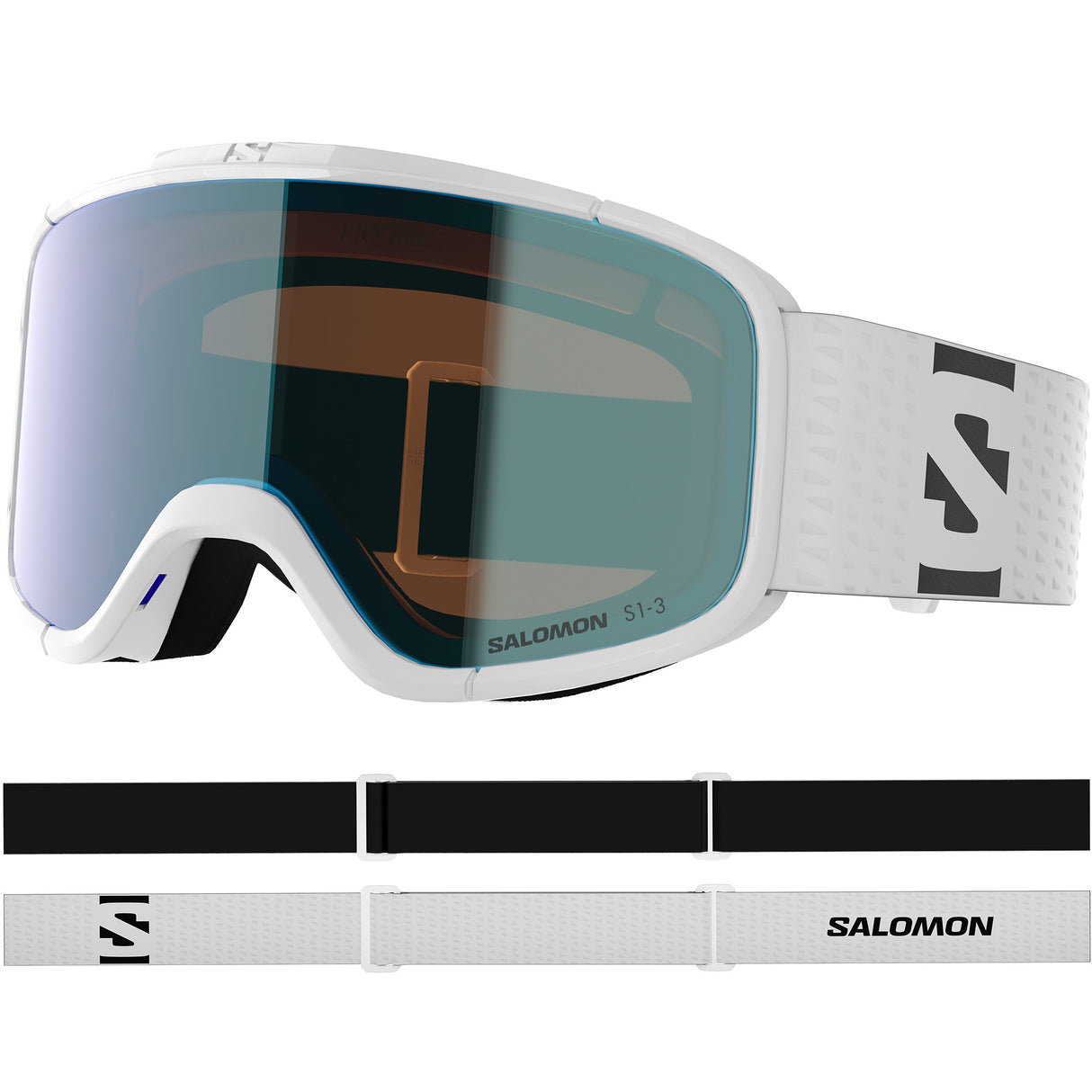 Aksium 2.0 Photo- Salomon ski goggles with white frame and blue lenses on a white background