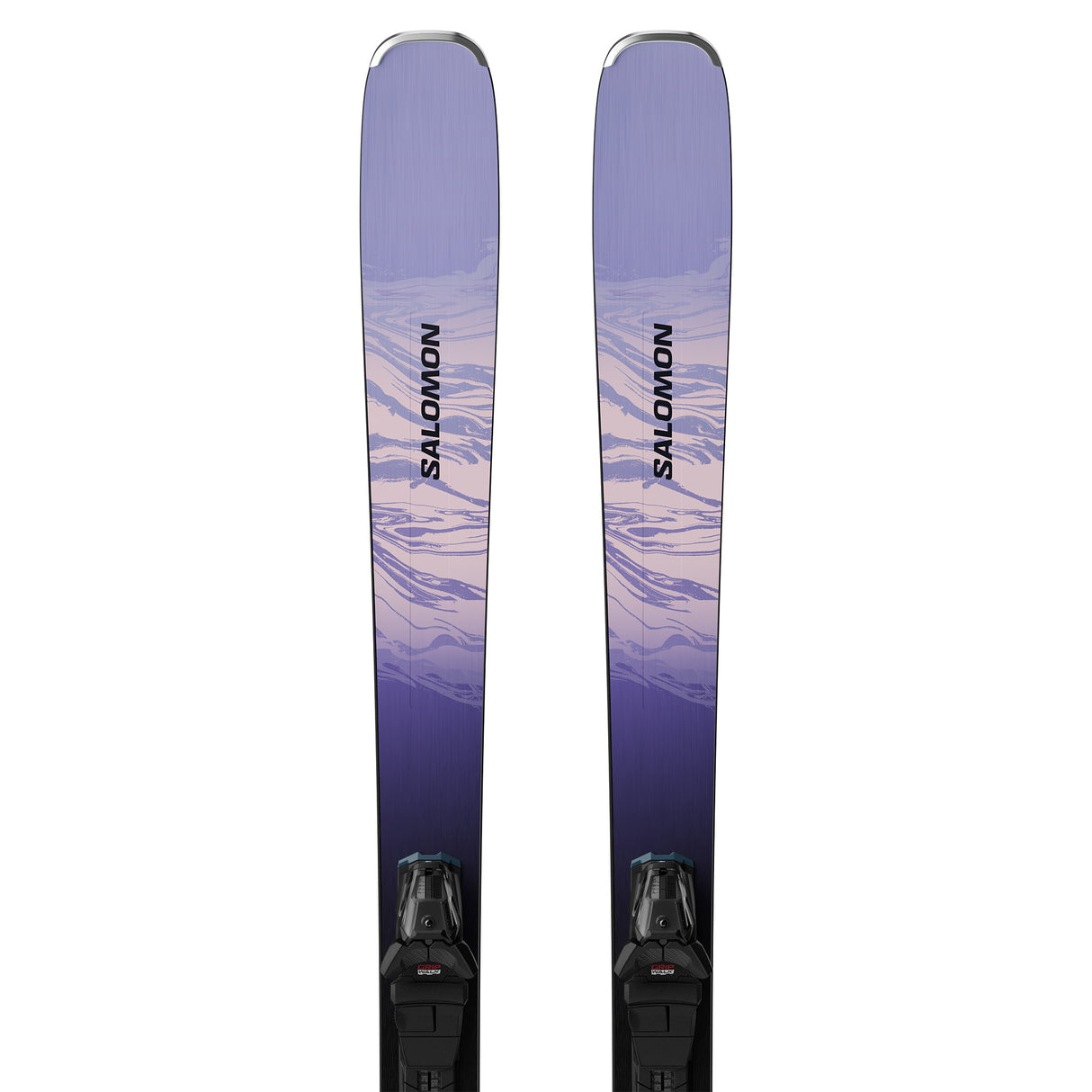 W Stance 84- A pair of Salomon Stance 84 women's skis with M11 GW system bindings in black, mounted on a white background.