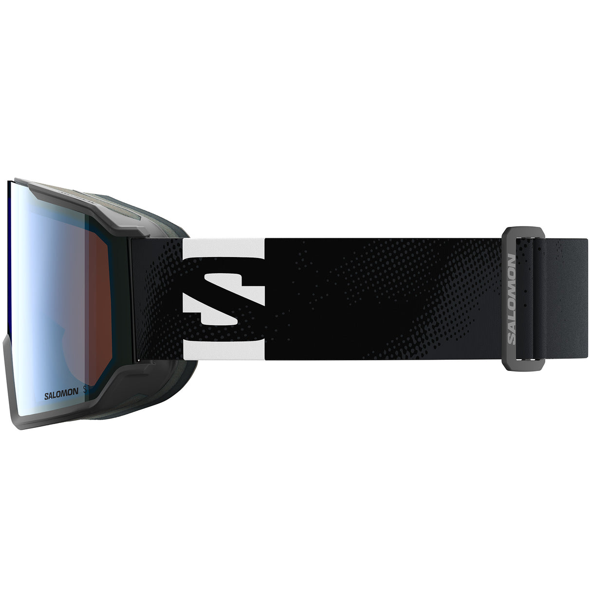 S/View 3- Salomon ski goggles with blue lens and a black strap on a white background