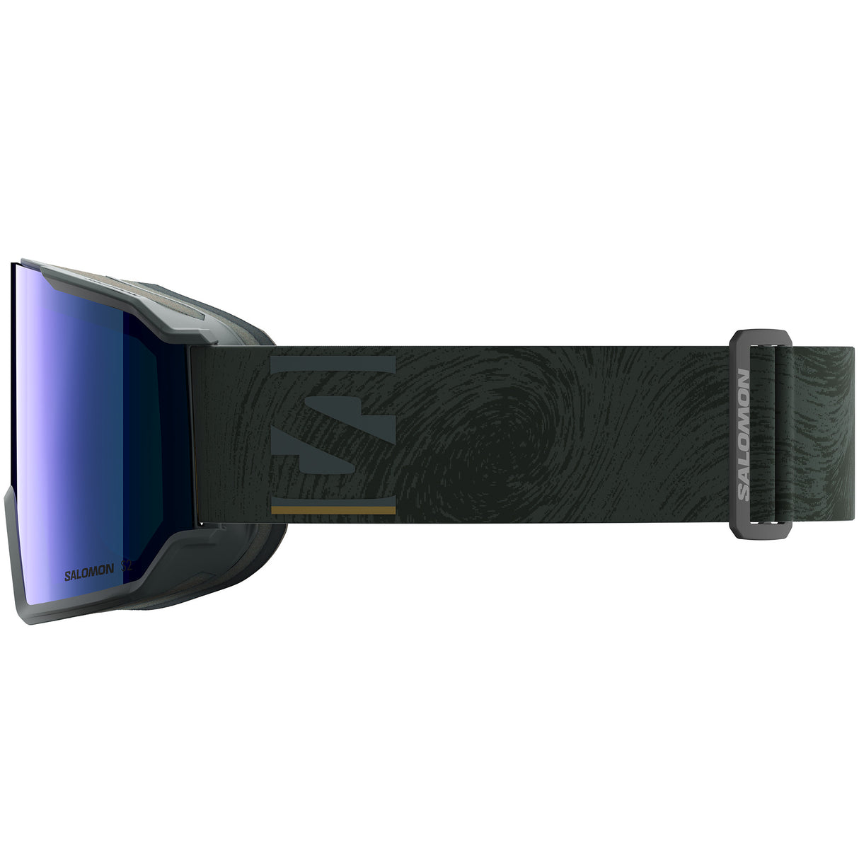 S/View 3- Salomon ski goggles with blue lens and a green strap on a white background