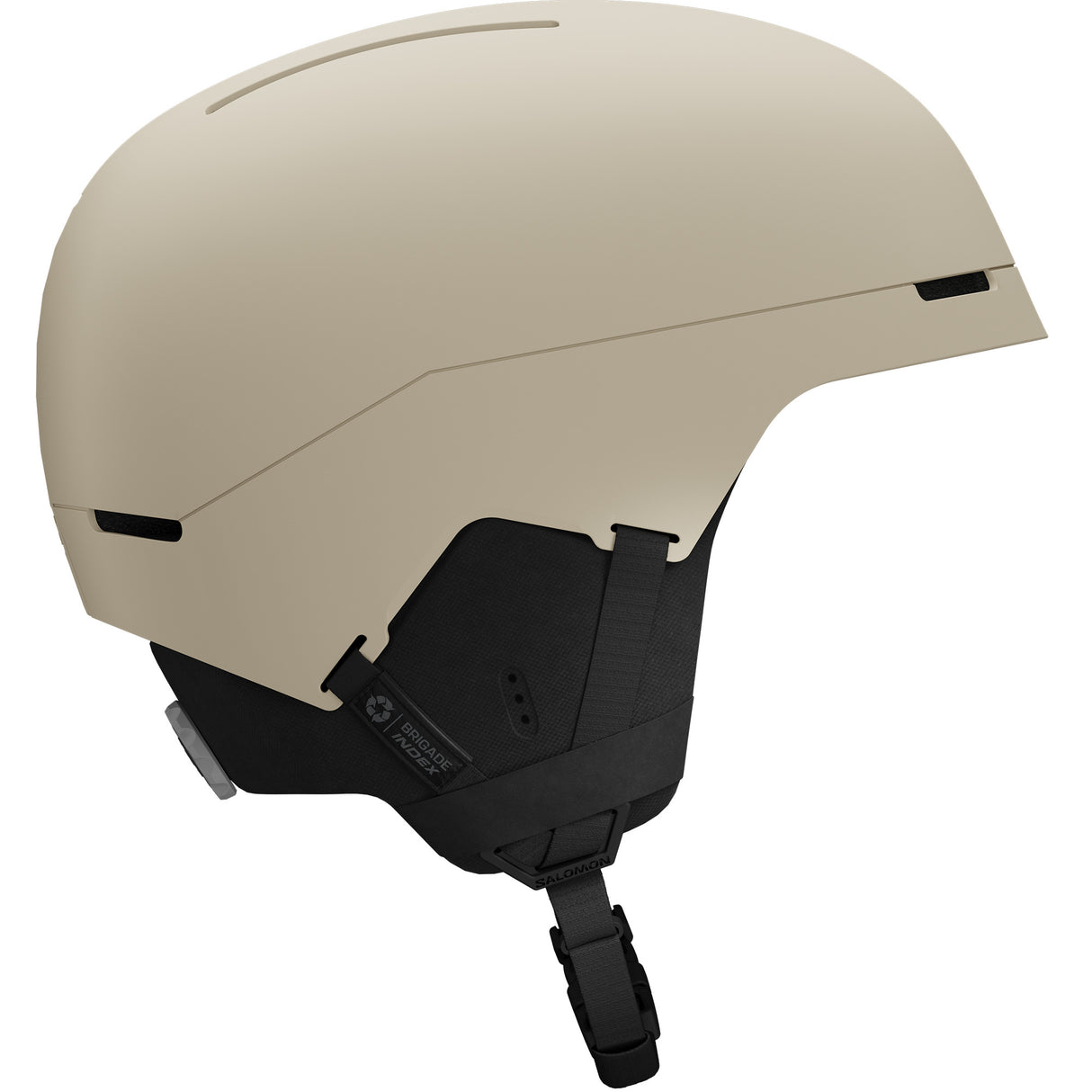 BrigadeIndexMIPS- Beige helmet with black chin strap on a white background