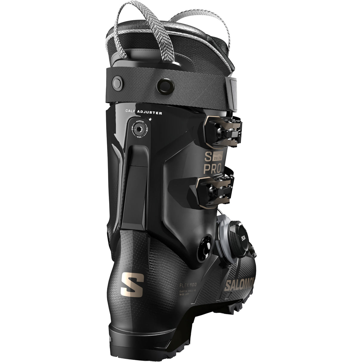 S/Pro Delta BOA 100- A Salomon S/Pro Delta BOA 100 GW Men's ski boot in black color featuring the BOA Fit System.