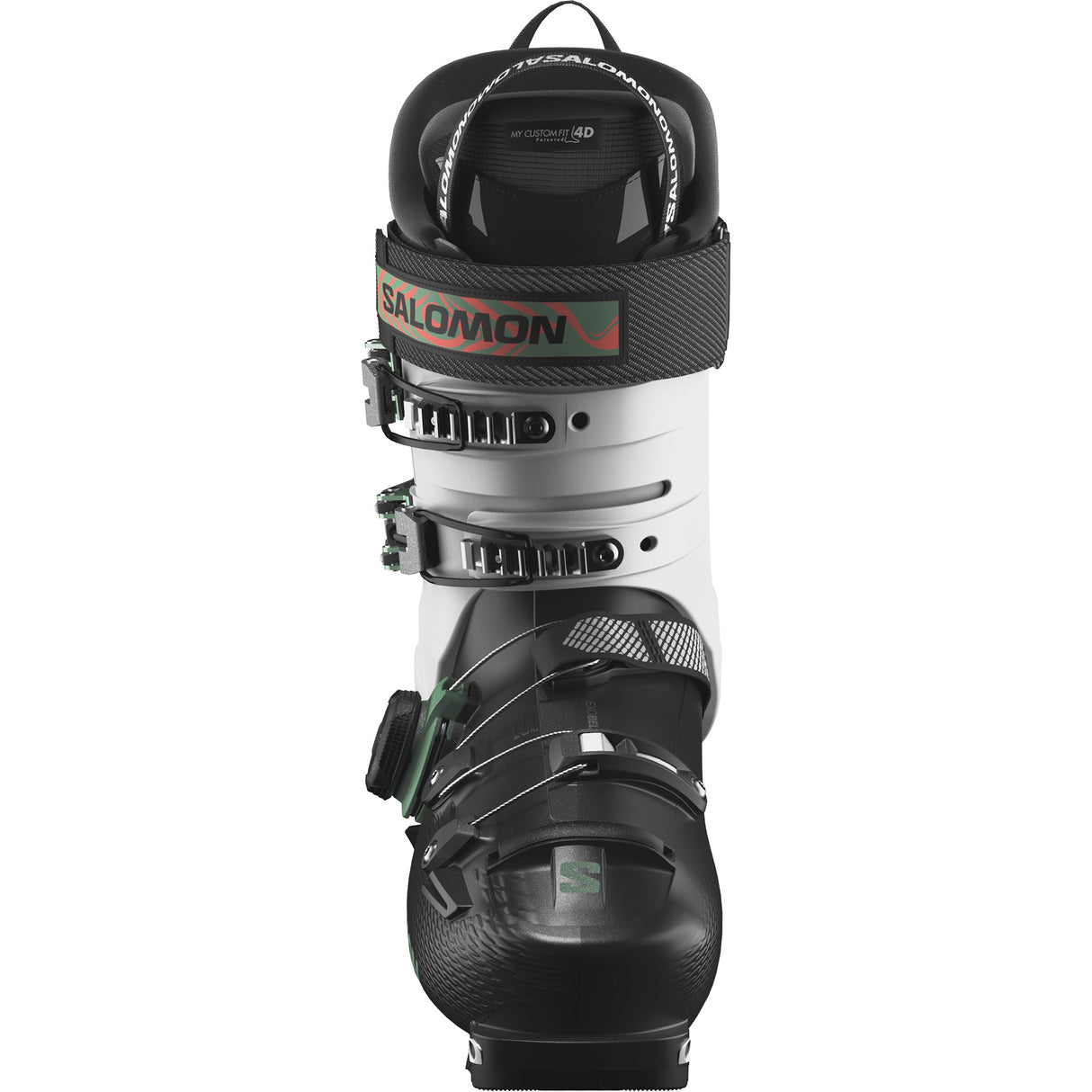 Shift Supra BOA 120- Salomon Shift Supra BOA 120 GW Mens Ski Boots for 2027, featuring a BOA lacing system, in a color combination of black, white, and green, with the Salomon logo prominently displayed.