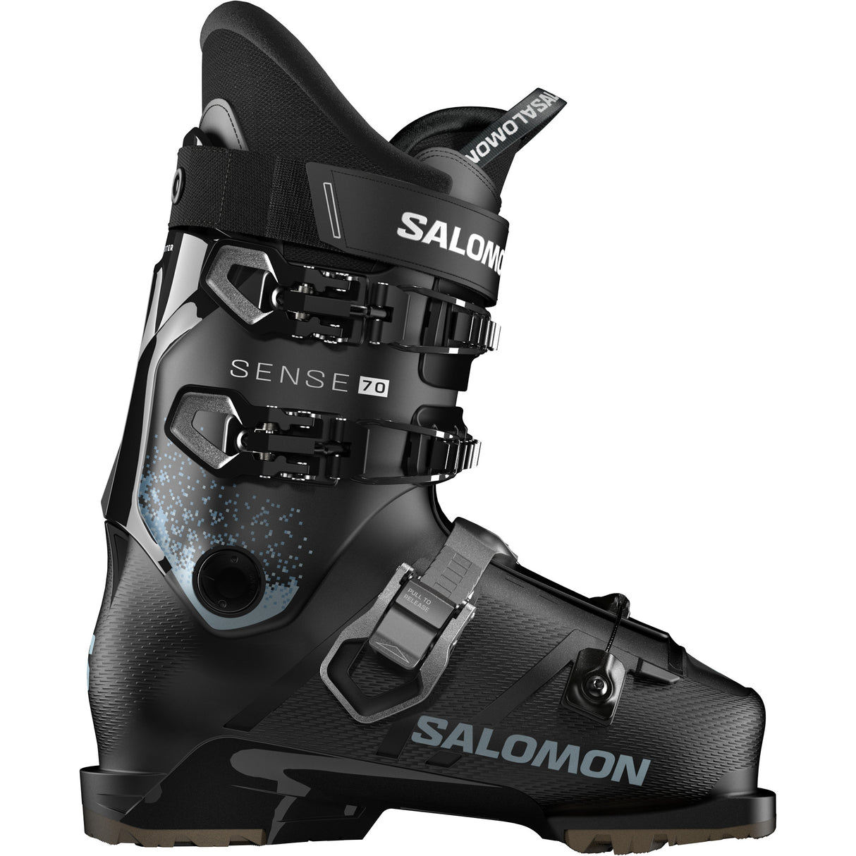 Sense 70- Salomon Sense 70 GW Kids Ski Boots in black with blue accents, featuring multiple buckles and the Salomon logo on the side.