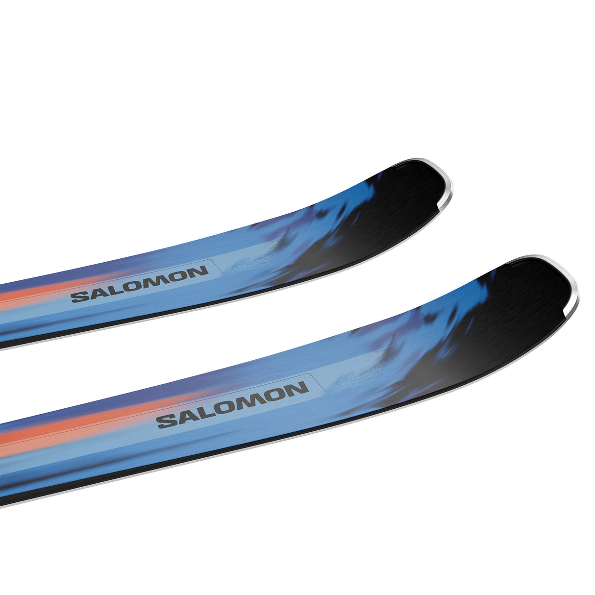 Stance 84- A pair of Salomon Stance 84 adult skis with MI12 GW system bindings, featuring a blue and orange design on a white background.