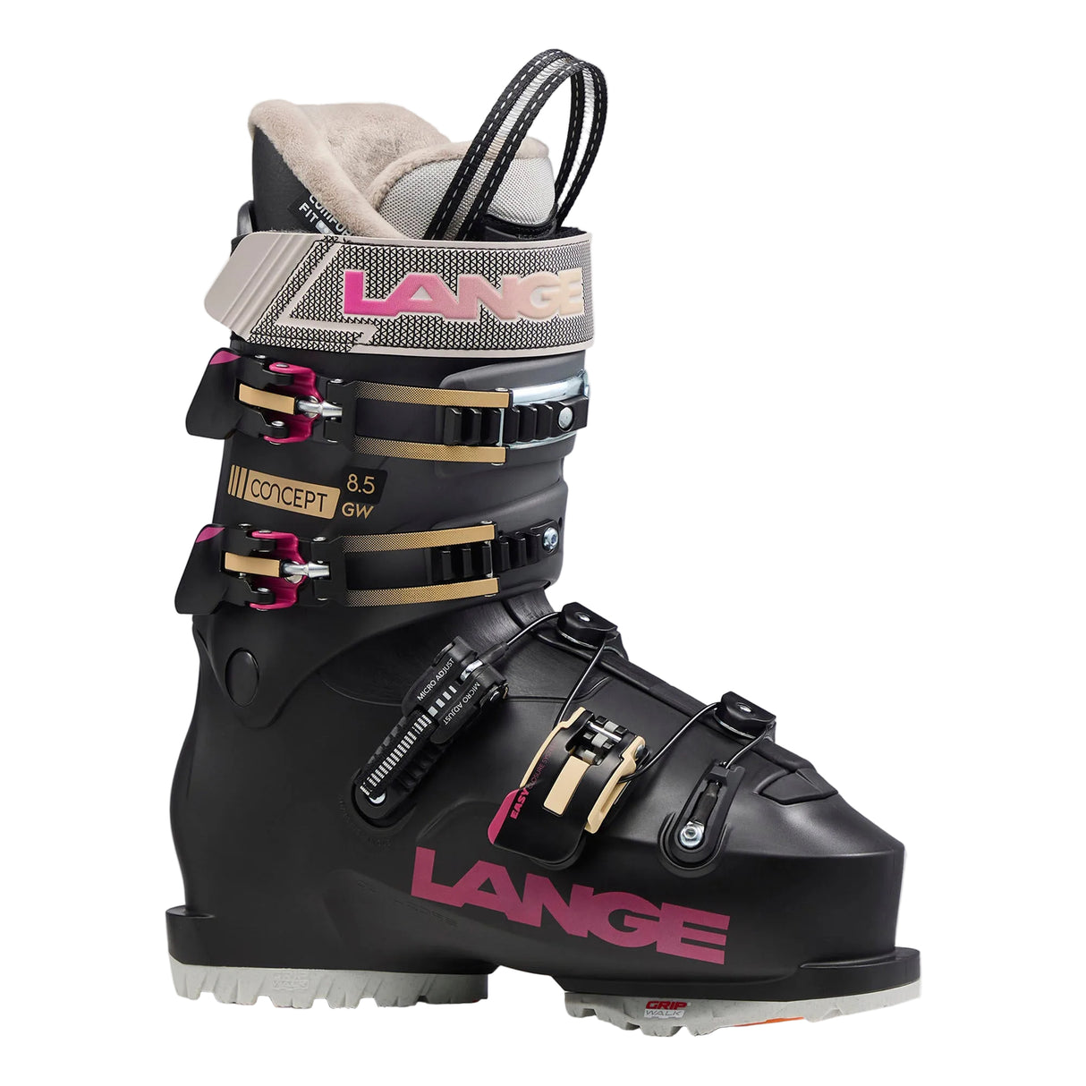 WConcept8.5BOA-A black Lange Concept 8.5 BOA GW women's ski boot with BOA lacing system and pink detailing.
