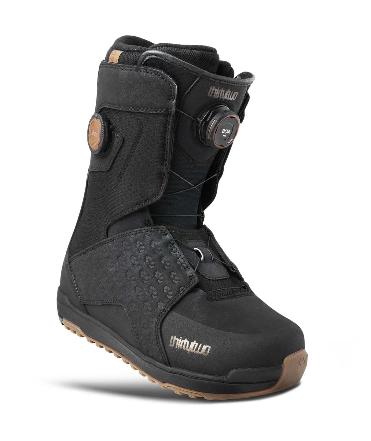LashedWideDoubleBOA-Black snowboard boot with brown accents on a white background