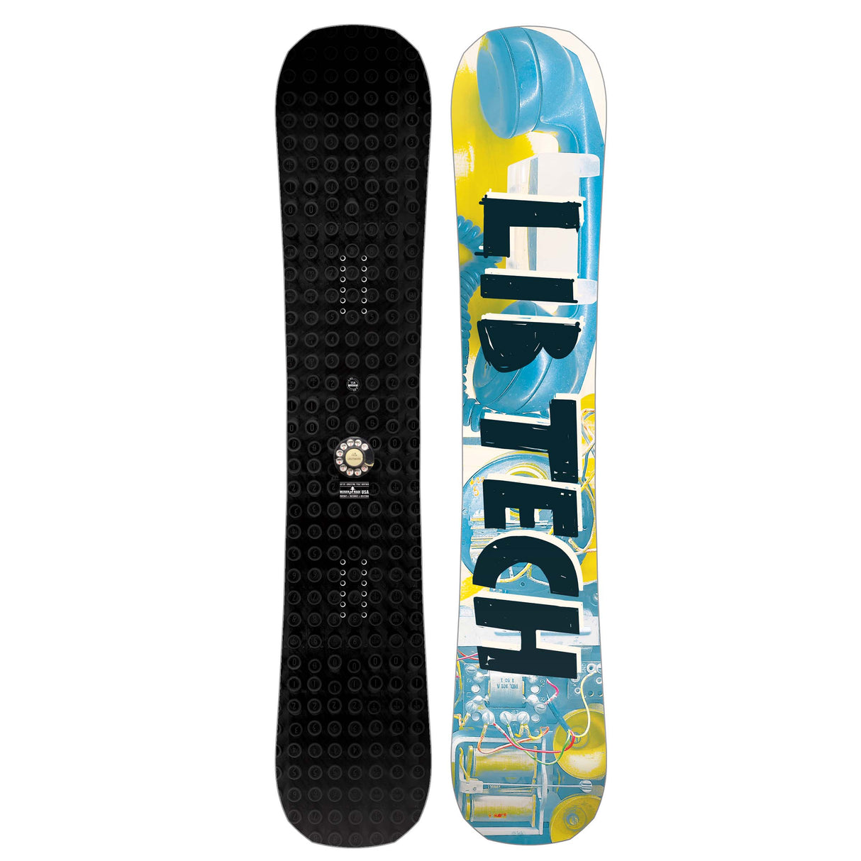 Legitimizer- Lib Tech snowboard base with colorful design base and black textured top sheet on a white background
