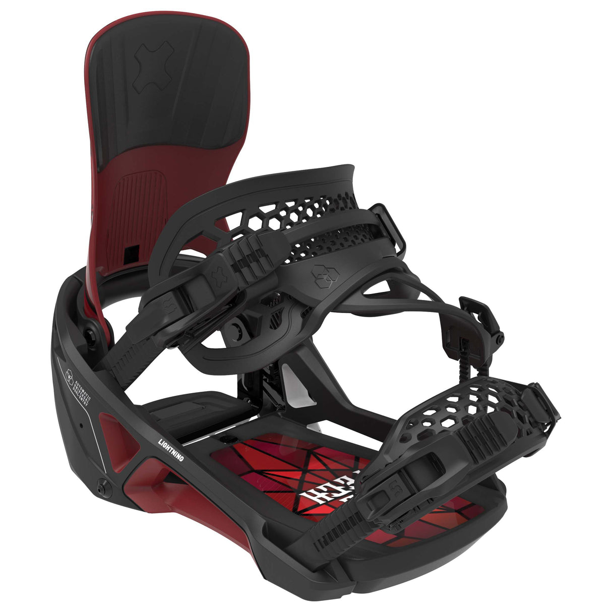 LightningSupermatic-Black and red snowboard binding on a white background