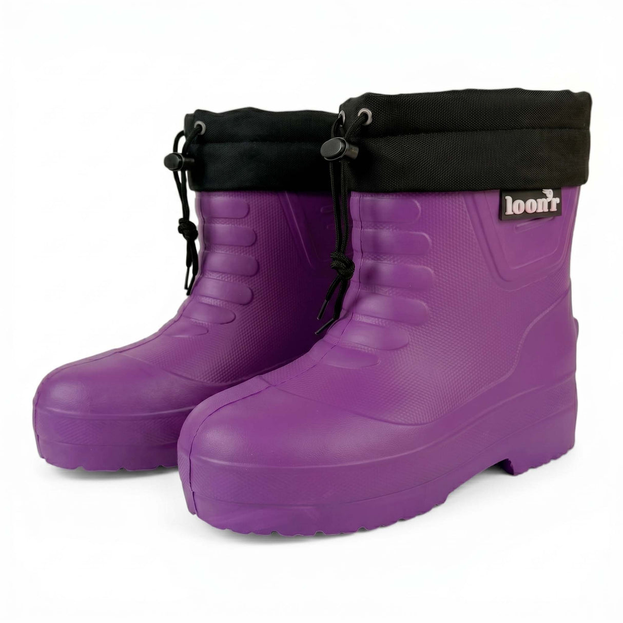 LoRider- Purple rubber boots on a white background