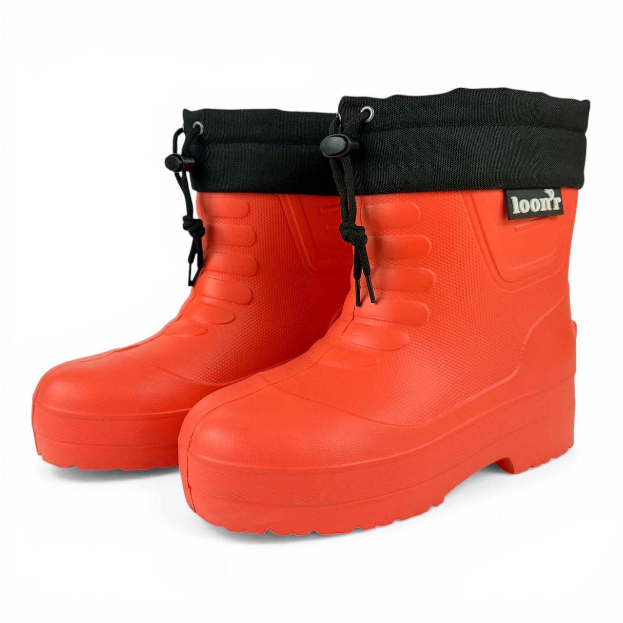 LoRider- Orange rubber boots on a white background