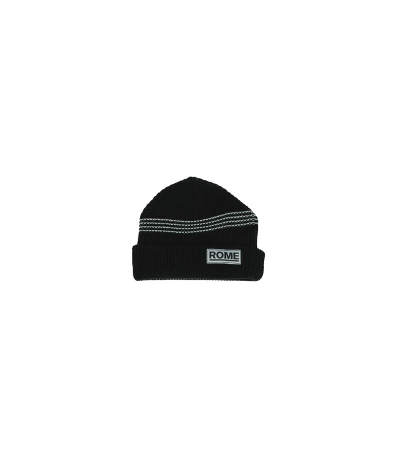 LogoBeanie- Black beanie with white horizontal lines on a white background