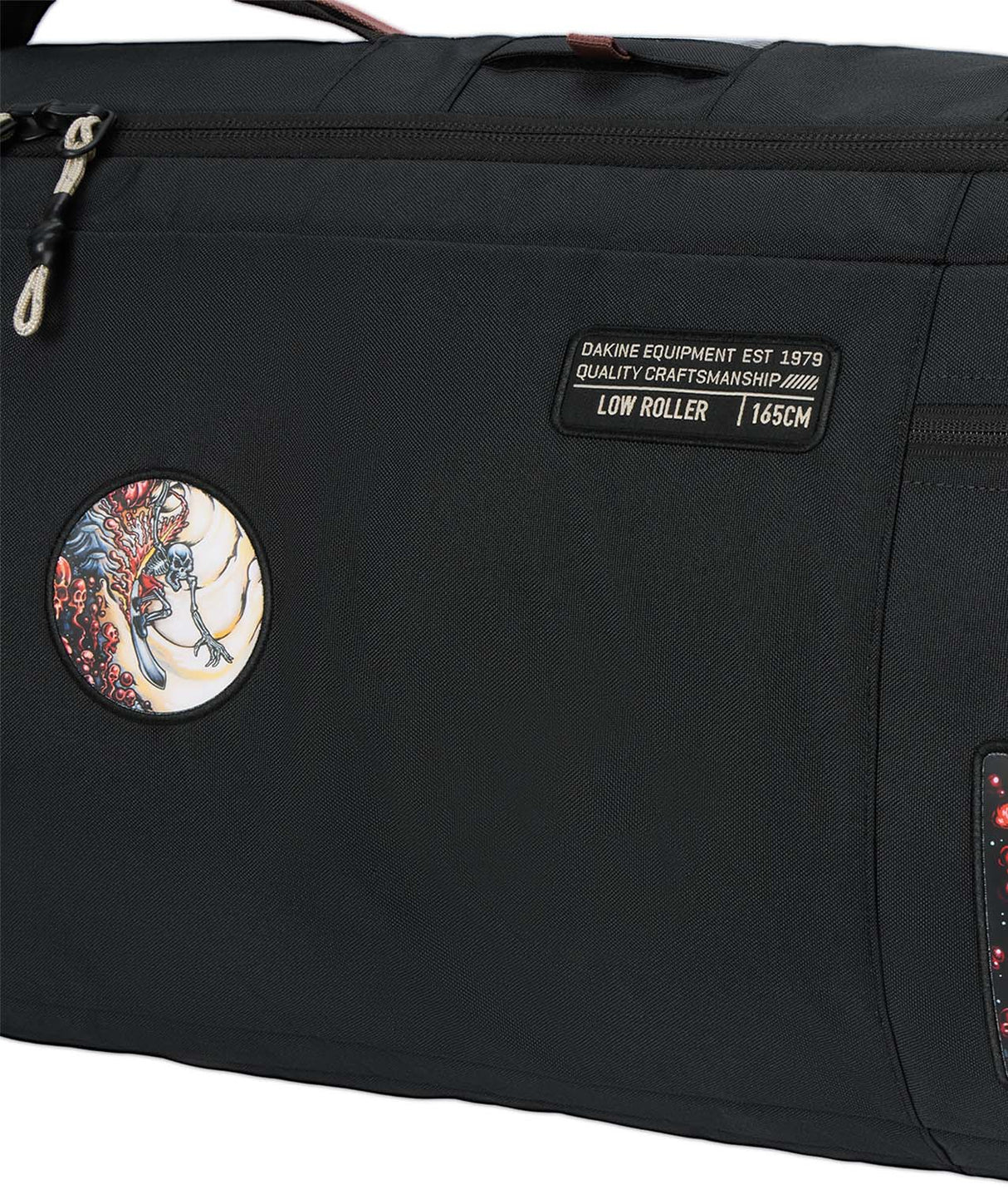 LowRollerSnowboardBagXMayhem-Black snowboard bag with multiple compartments and brand logos on a white background