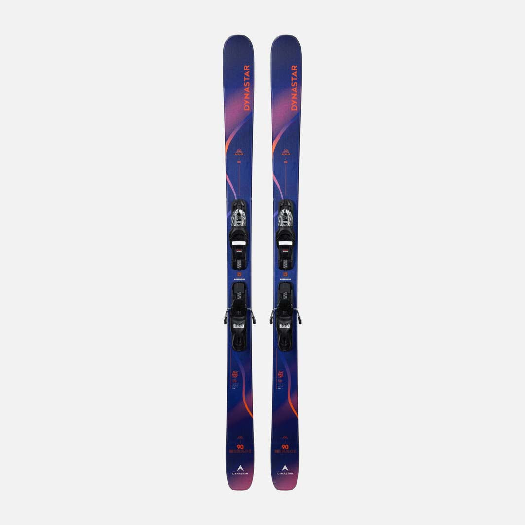 M-MENACE90XPRESS-A pair of Dynastar skis, featuring a dark blue and purple gradient design with orange accents, set against a plain light gray background.
