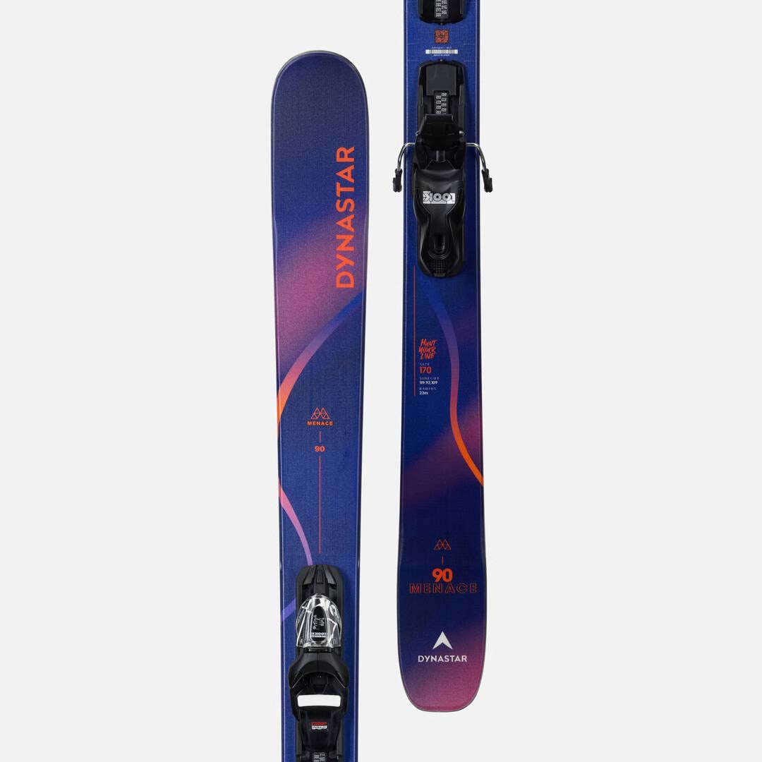 M-MENACE90XPRESS-A pair of Dynastar skis, featuring a dark blue and purple gradient design with orange accents, set against a plain light gray background.
