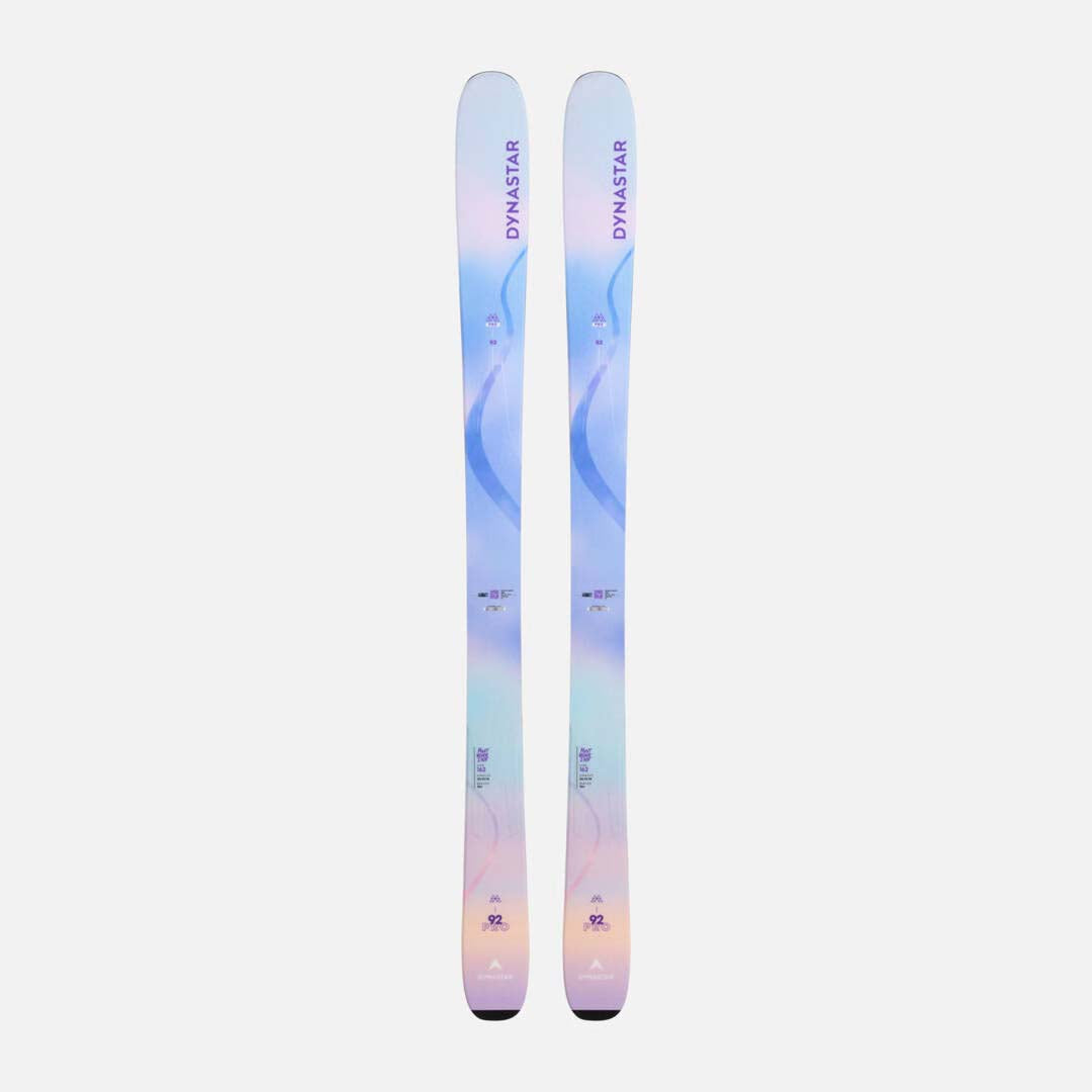 M-PROW92OPEN-A pair of Dynastar ski tips with a pastel blue, purple, and pink gradient design, displayed vertically against a light gray background.