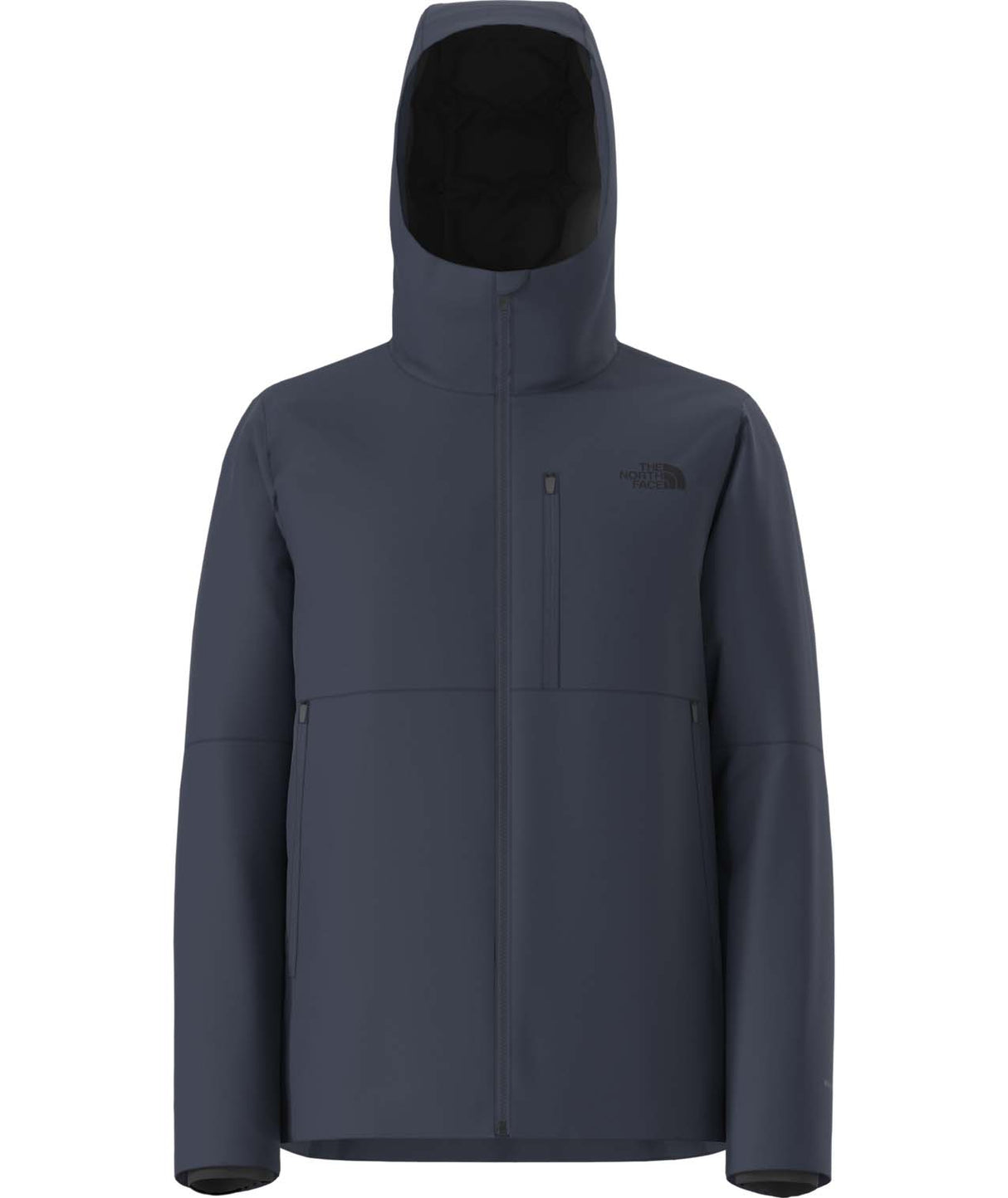 MApexElevationJacket- Navy jacket with a hood on a white background