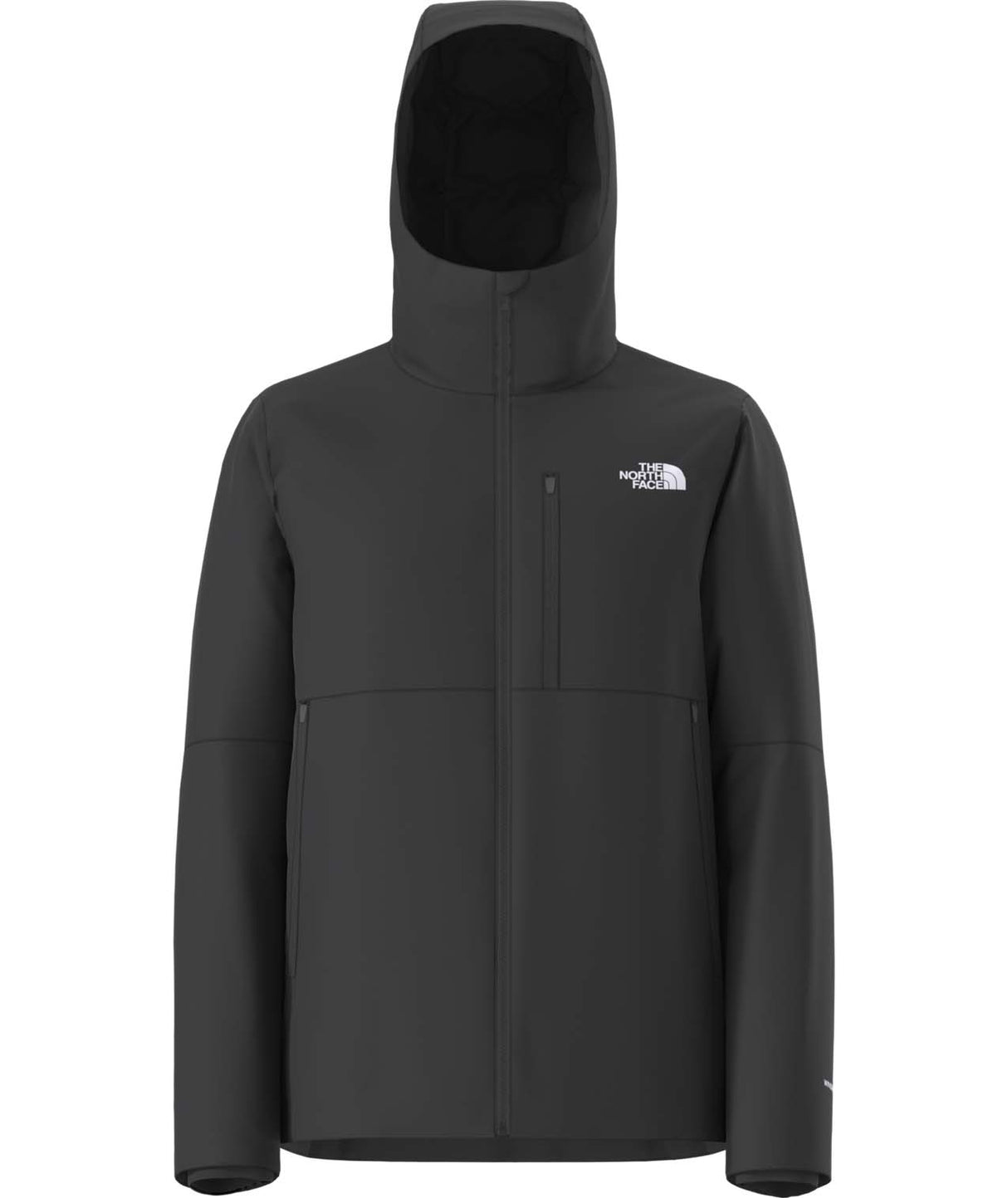 MApexElevationJacket- Black jacket with a hood on a white background