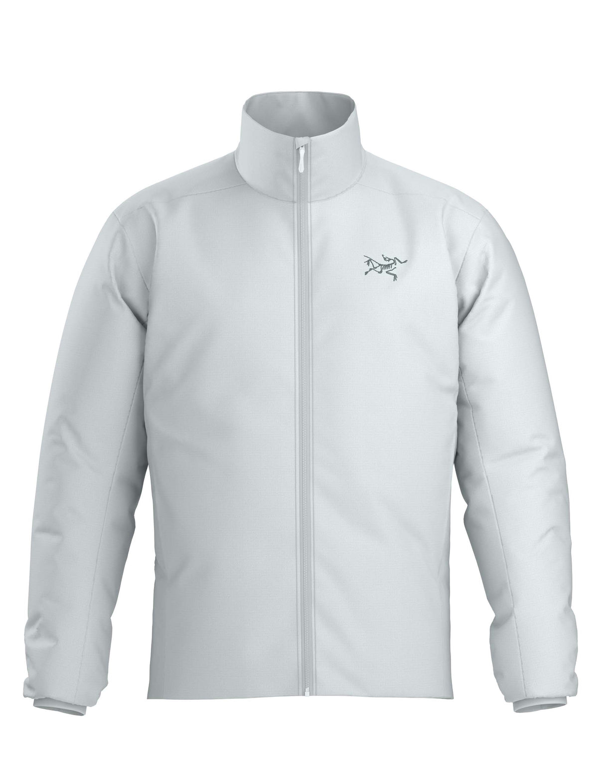 MAtomJacket-A light gray full-zip jacket with a stand-up collar and a small black Arc'teryx logo on the left chest, shown against a plain white background.