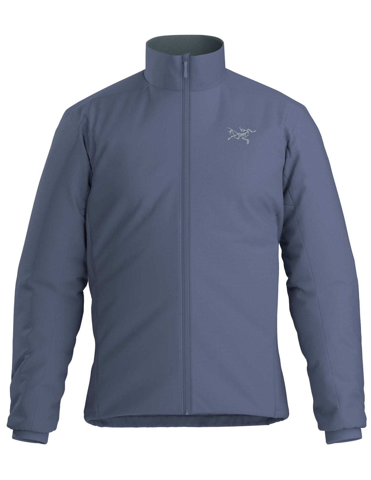 MAtomJacket-A slate blue full-zip jacket with a stand-up collar and a small Arc'teryx logo on the left chest, displayed on a clean white background.