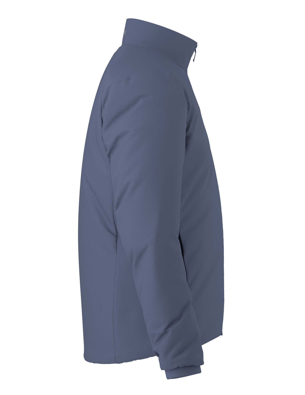 MAtomJacket-A slate blue full-zip jacket with a stand-up collar and a small Arc'teryx logo on the left chest, displayed on a clean white background.